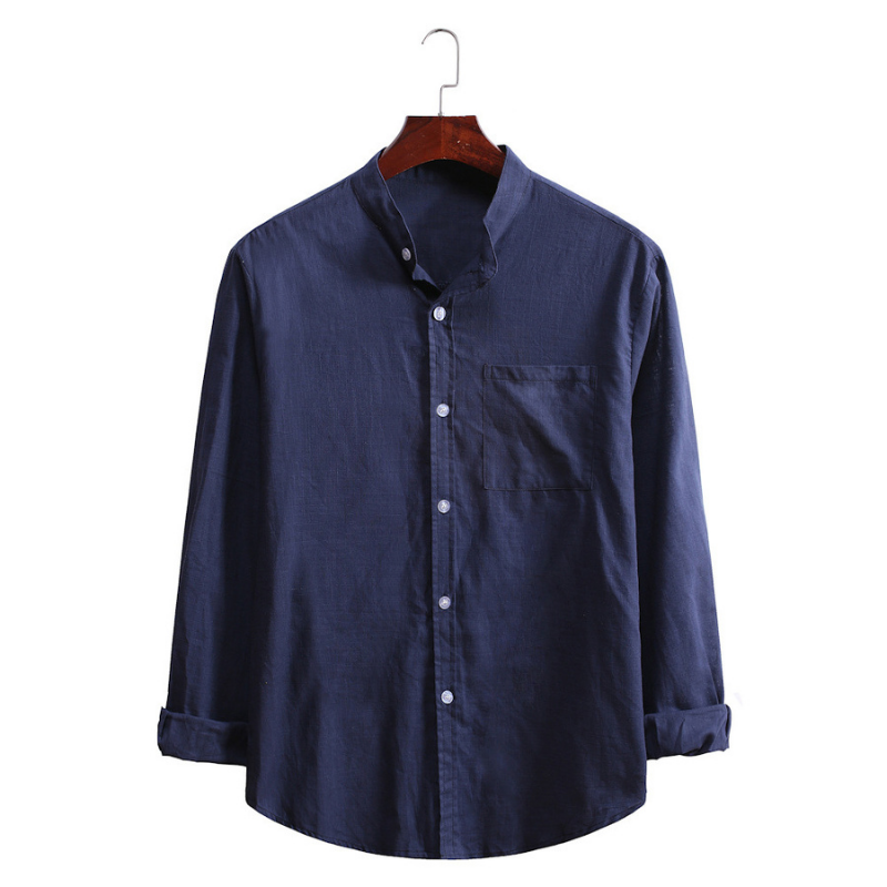 Men's Standing Collar Cotton Linen Long Sleeve Shirt