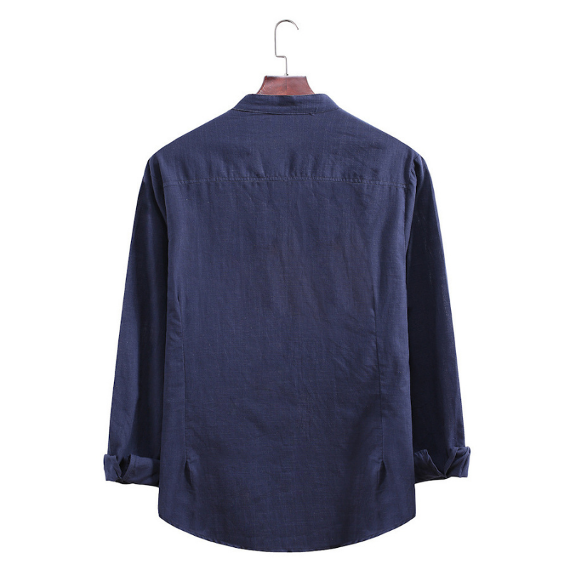 Men's Standing Collar Cotton Linen Long Sleeve Shirt