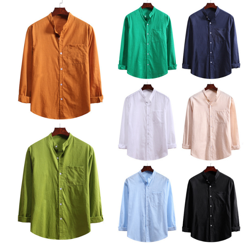 Men's Standing Collar Cotton Linen Long Sleeve Shirt