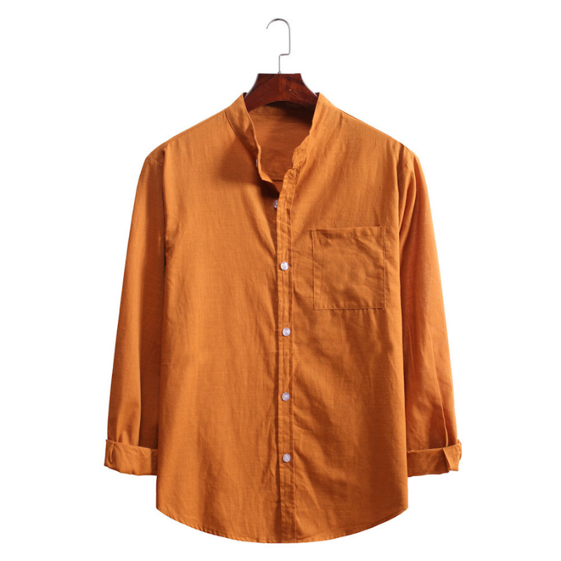 Men's Standing Collar Cotton Linen Long Sleeve Shirt