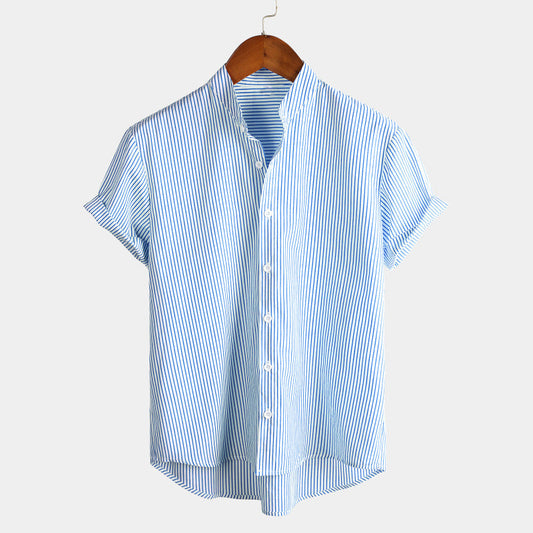 Stand Collar Short Sleeve Striped Classic Shirts